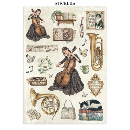 Sheet of stickers featuring a woman playing a cello, musical instruments, and decorative elements on a white background.