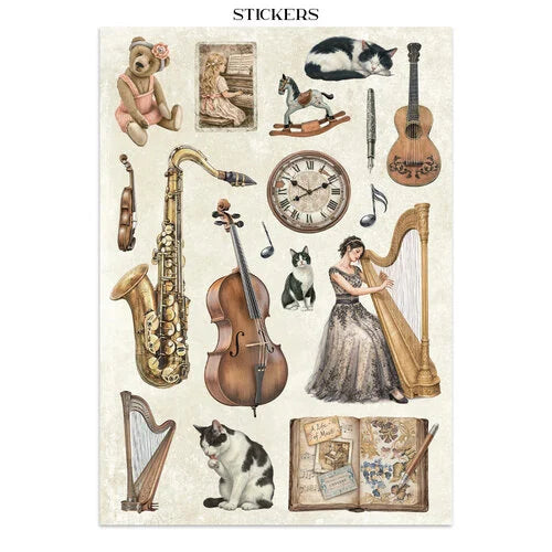 Collection of vintage-style illustrations including musical instruments, a clock, and people on a beige background.