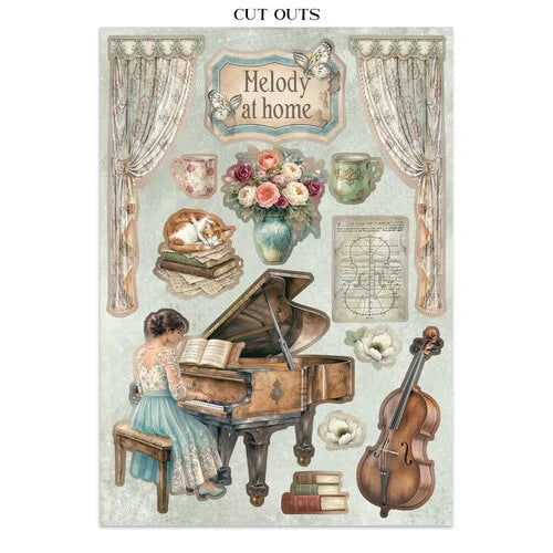 Decorative paper sheet with musical-themed elements including a piano, violin, and flowers, featuring 'Melody at home' text.