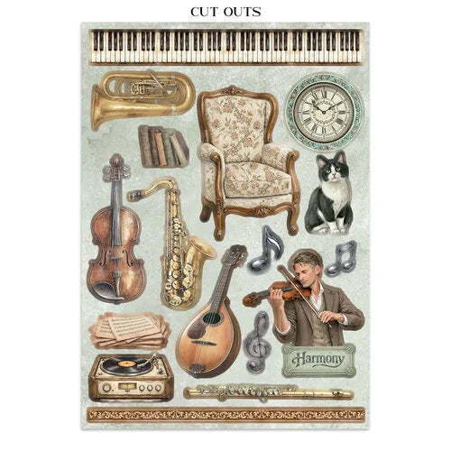 Collection of musical instruments and related items with a cat and piano keys on a decorative card.