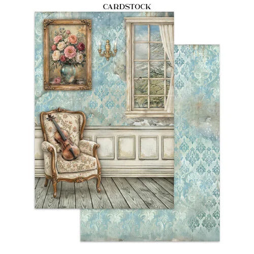 Decorative cardstock with vintage-style room design, chair, and violin.