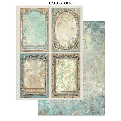 Cardstock with decorative frames and patterns on a textured background