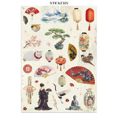 Sheet of Japanese-themed stickers with various designs on a white background