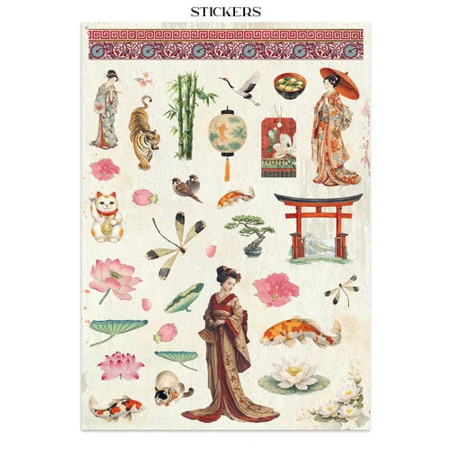 Sheet of stickers with Japanese-themed designs on a white background