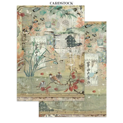 Cardstock with nature-themed design featuring birds, flowers, and text on a white background.