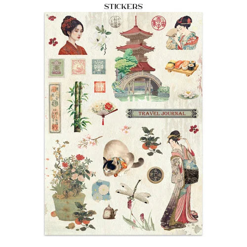 Collection of decorative stickers with Japanese-themed designs on a white background.