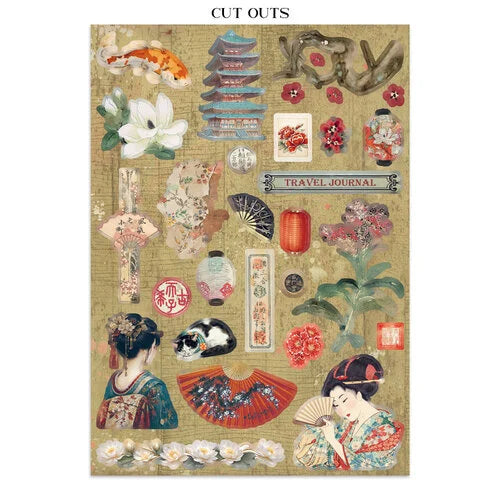 Collection of decorative die cuts with traditional Japanese elements on a textured beige background.