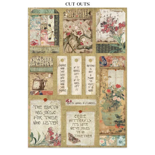 Decorative paper with vintage-style illustrations and text on a beige background