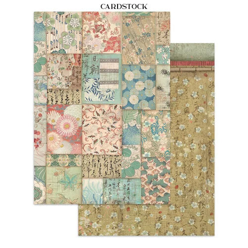 Collection of cardstock sheets with vintage-style patterns on a white background
