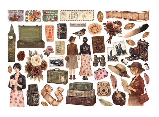 A collage of vintage travel-themed illustrations and cutout elements on a white background, including suitcases, cameras, film reels, flowers, stamps, hats, binoculars, and illustrated women in retro clothing.