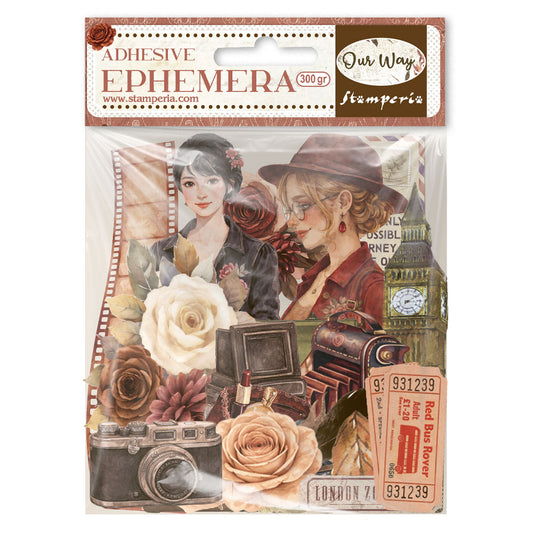 Stamperia Our Way Adhesive Ephemera: 300 gsm peel-and-stick die cuts with vintage cameras, roses, and London travel pieces. Shop at Crafts on the Move.
