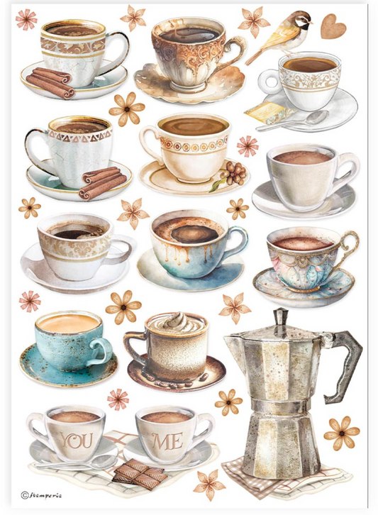 Illustrations of various coffee cups and a café au lait pot on a white background with decorative elements.