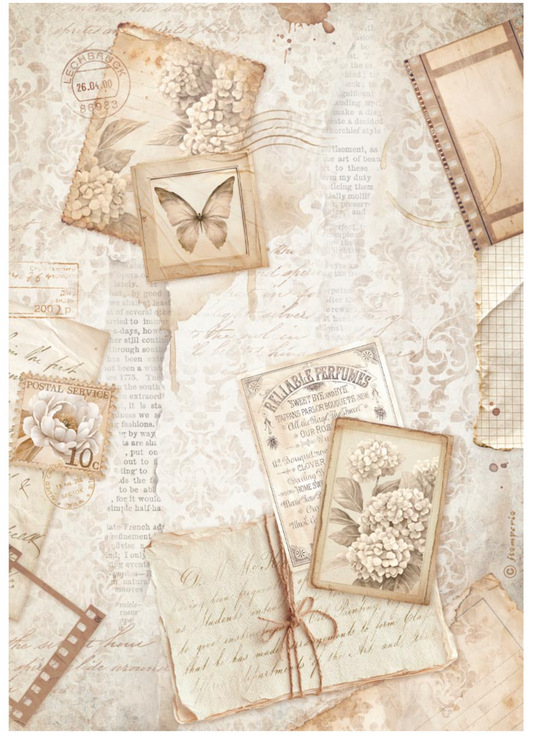 Vintage-style collage with letters, flowers, and a butterfly on a textured background.