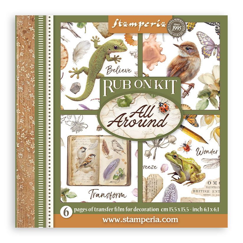 Stamperia rub on kit packaging with nature-themed designs and text.