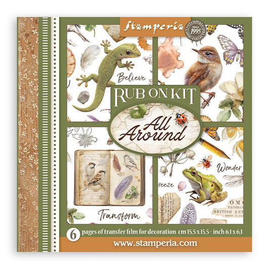 Stamperia rub on kit packaging with nature-themed designs and text.