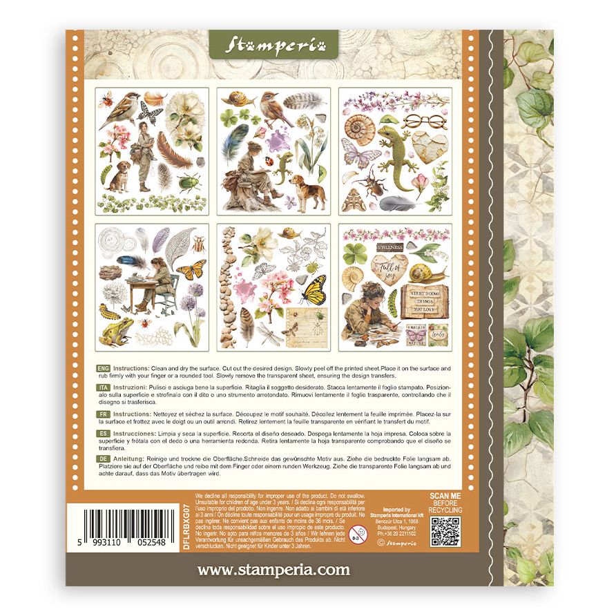 Back cover of a Stamperia product with nature-themed designs and branding.