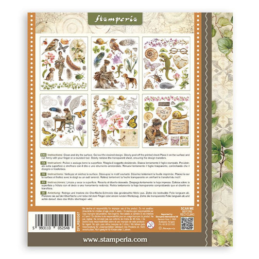 Back cover of a Stamperia product with nature-themed designs and branding.