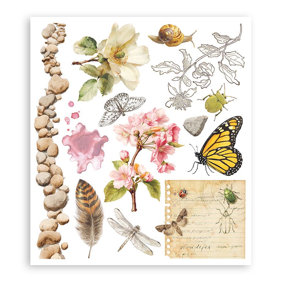 Collection of nature-themed stickers including flowers, butterflies, and insects on a white background.