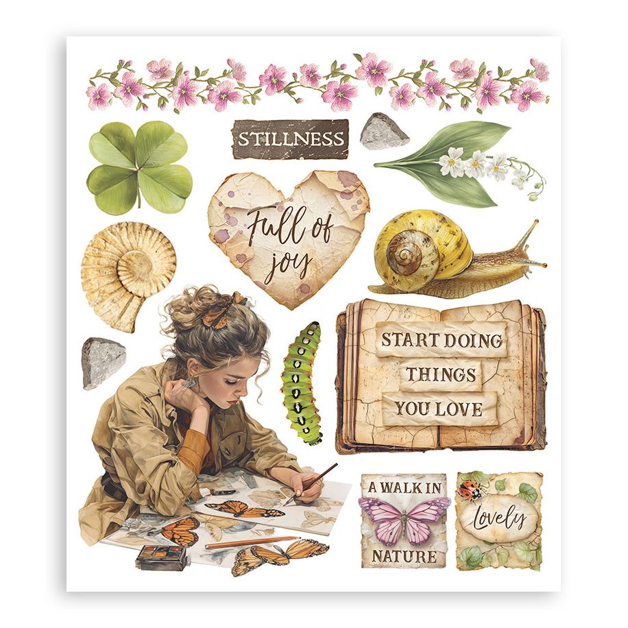 Illustration of a woman studying nature with motivational phrases and decorative elements.