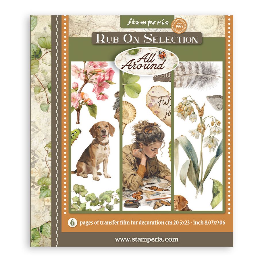 Stamperia Rub On Selection transfer film pack with nature-themed designs on a white background