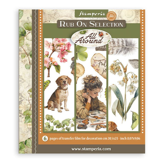 Stamperia Rub On Selection transfer film pack with nature-themed designs on a white background