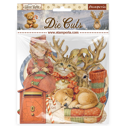 Stamperia die cuts packaging with Christmas-themed design featuring a girl, cat, dog, and reindeer.