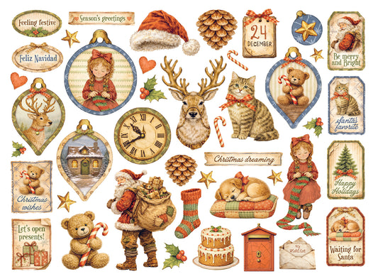Collection of Christmas-themed illustrations including Santa Claus, reindeer, and festive elements on a white background.