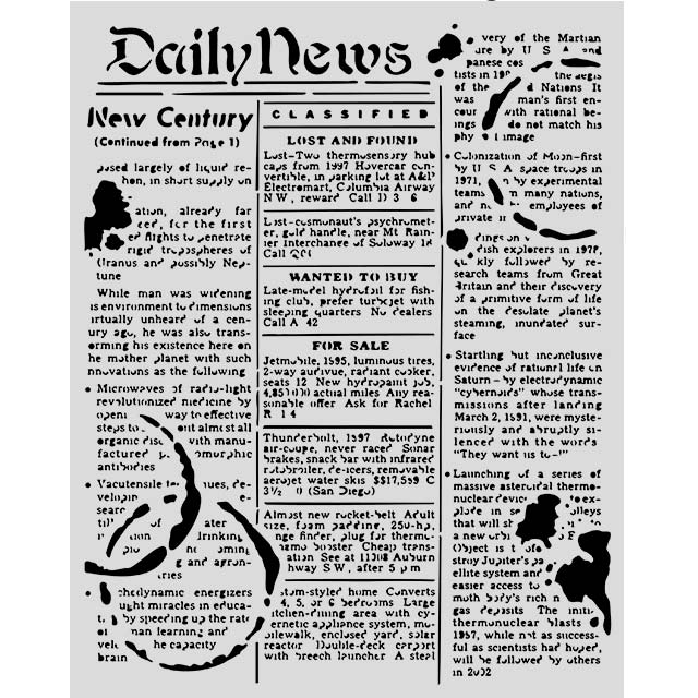 daily news stencil with news print and coffee rings