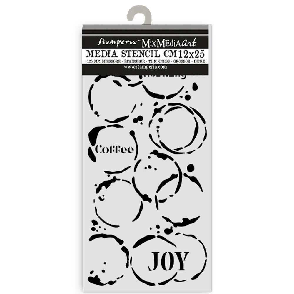 Stamperia Media Stencil with coffee and joy text design on a white background