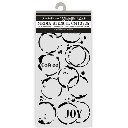 Stamperia Media Stencil with coffee and joy text design on a white background