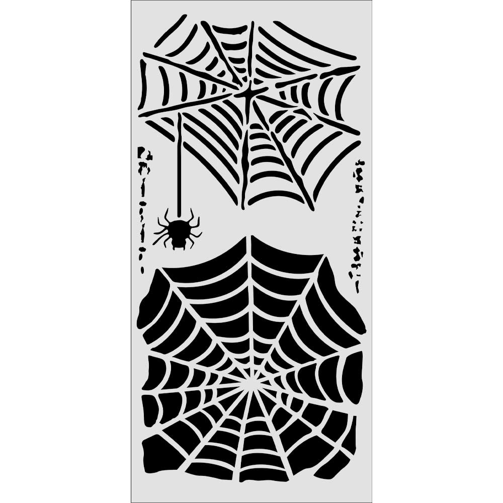 stamperia spider web stencils with hanging spider on white background