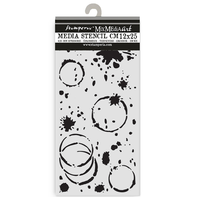 Stamperia Media Stencil with circular and splatter designs on a white background