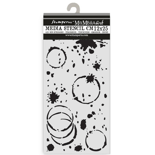 Stamperia Media Stencil with circular and splatter designs on a white background