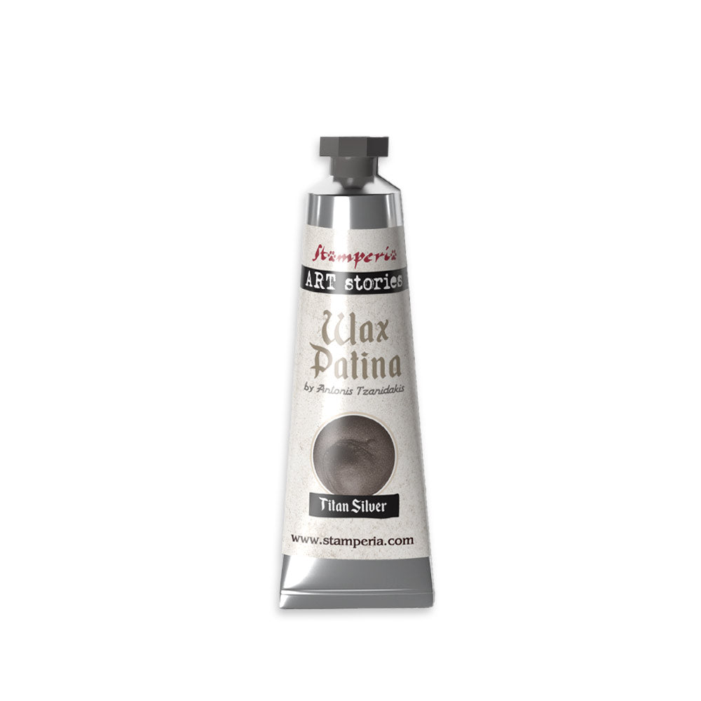 Tube of wax patina by Stamperia on a white background