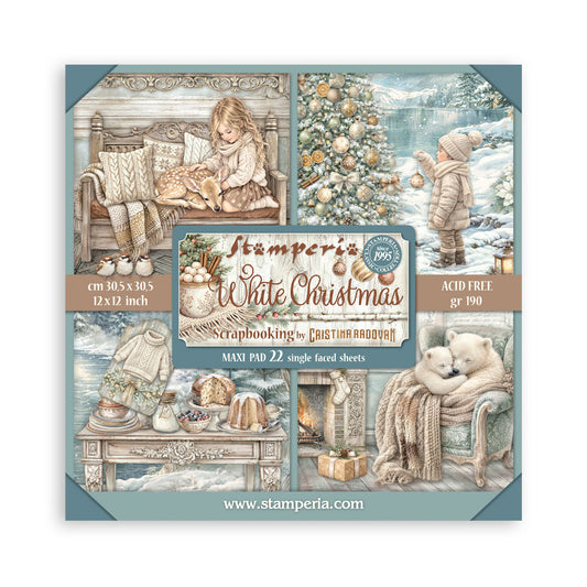 Stamperia White Christmas scrapbooking paper pad packaging with festive illustrations.