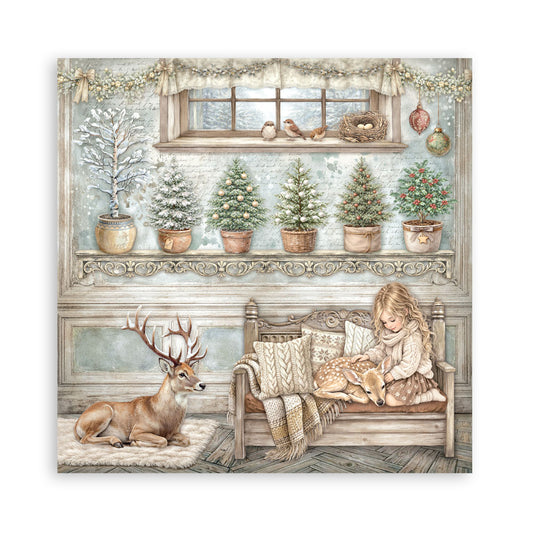 Decorative scene with a girl, deer, and small deer in a cozy room with Christmas trees and decorations.