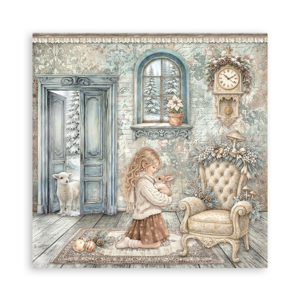 Decorative image of a girl with a lamb in a cozy room with a clock and door.