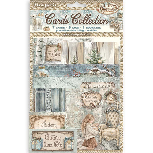Packaging of 'White Christmas' cards collection with winter-themed illustrations and text.