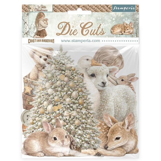 Packaging of Stamperia die cuts with Christmas-themed animals and tree.