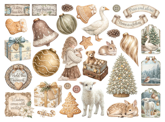 Collection of vintage-style illustrations featuring Christmas elements, animals, and decorative items on a white background.