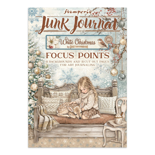 Book cover of 'White Christmas' Junk Journal by Stamperia with a girl and deer illustration.