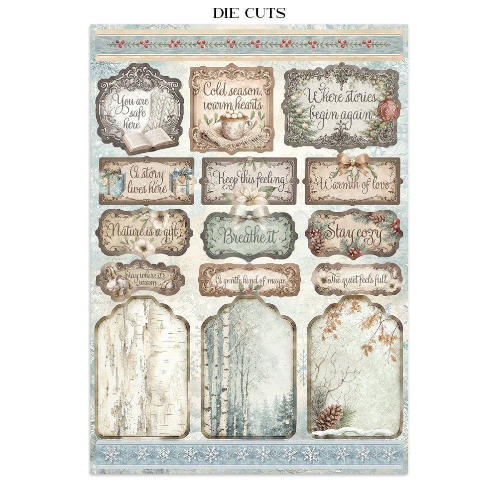 Sheet of die-cut decorative elements with text and nature-themed designs on a white background.