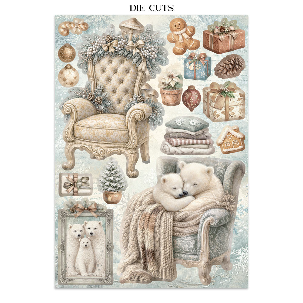 Collection of die-cut Christmas-themed items including a chair, polar bears, and decorative elements on a white background.
