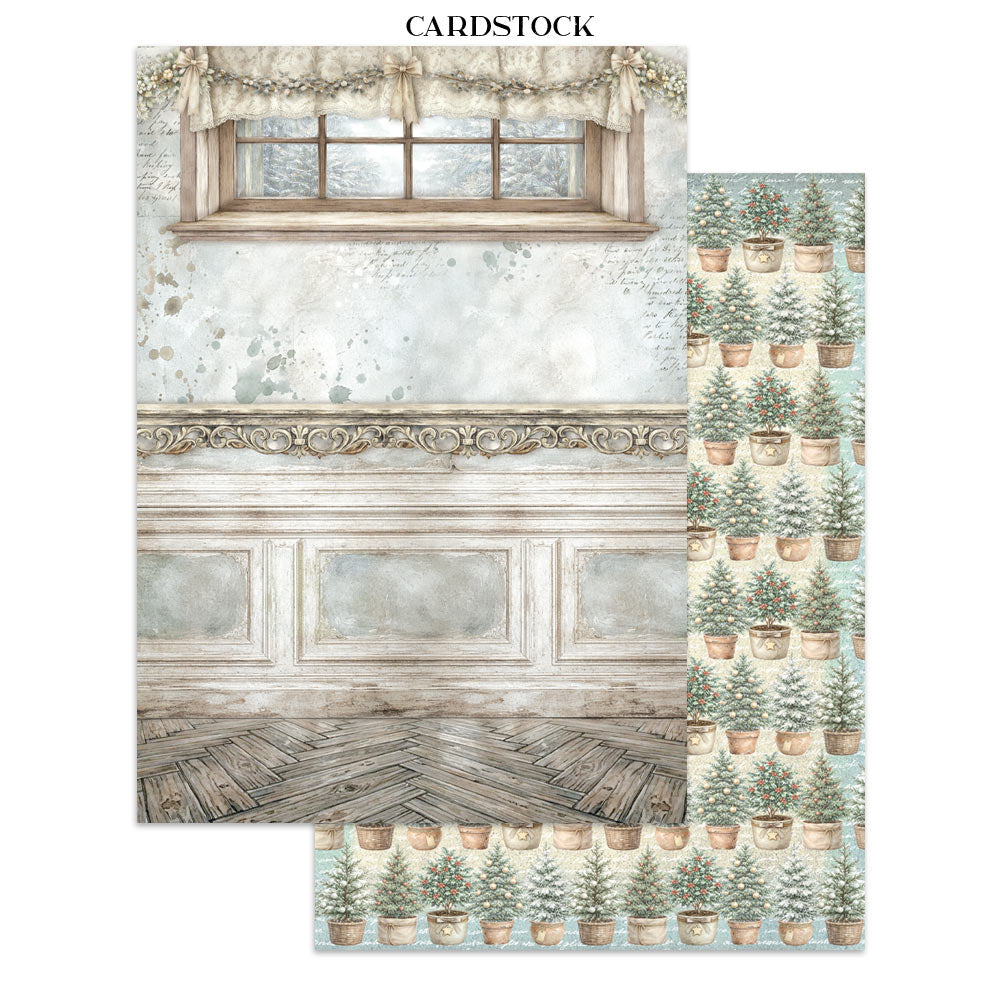 Cardstock with winter scene design featuring a window, fireplace, and potted trees.
