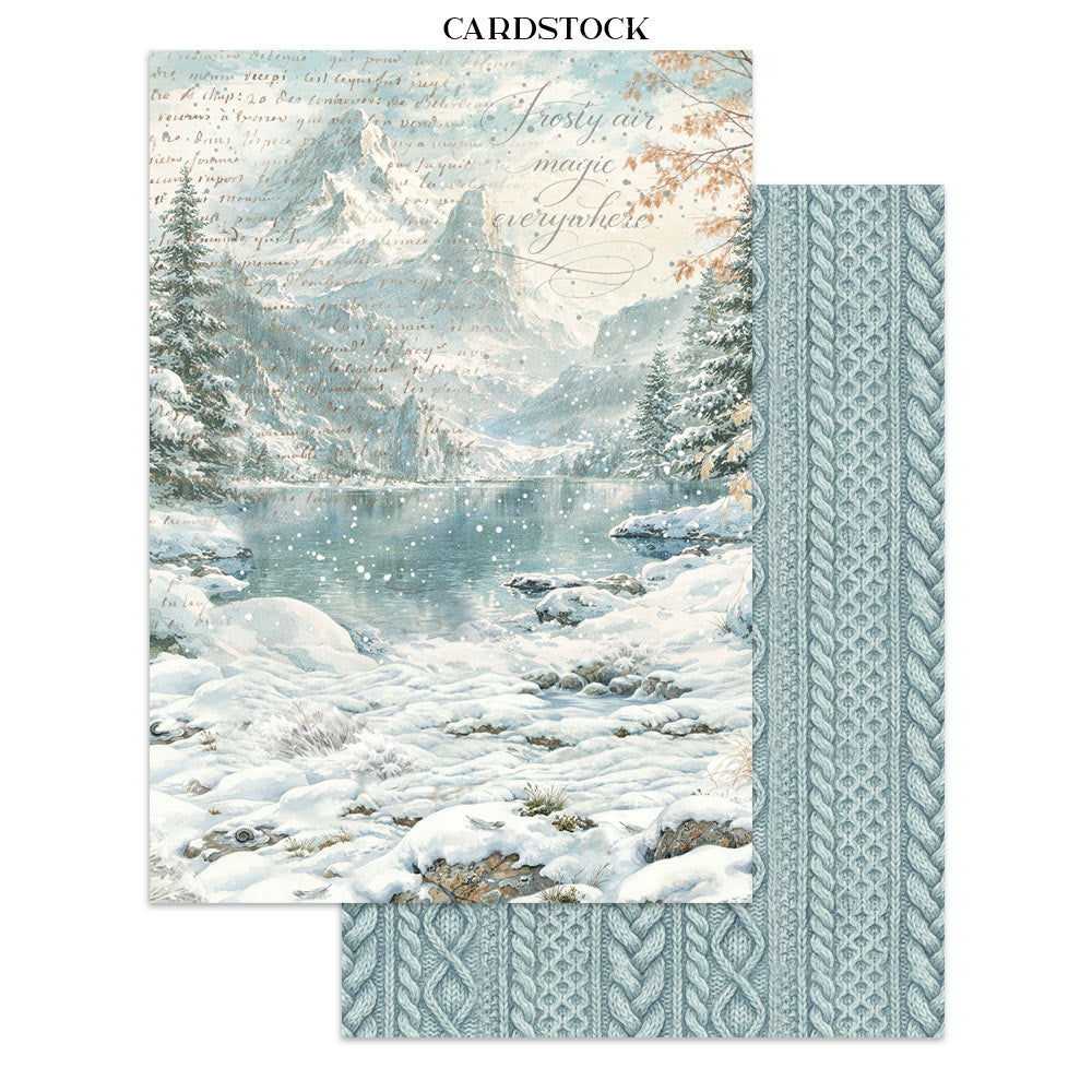 Cardstock with winter landscape design and cable knit pattern