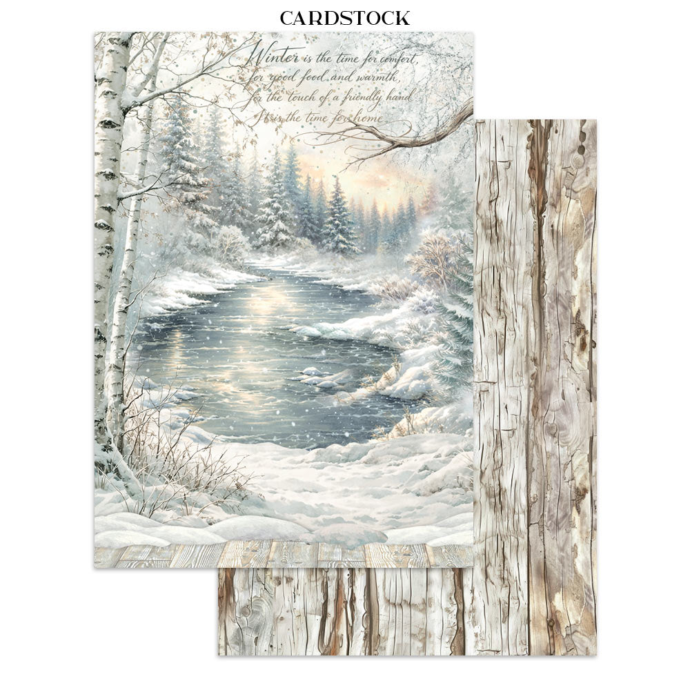 Winter scene paper with a river and trees on cardstock