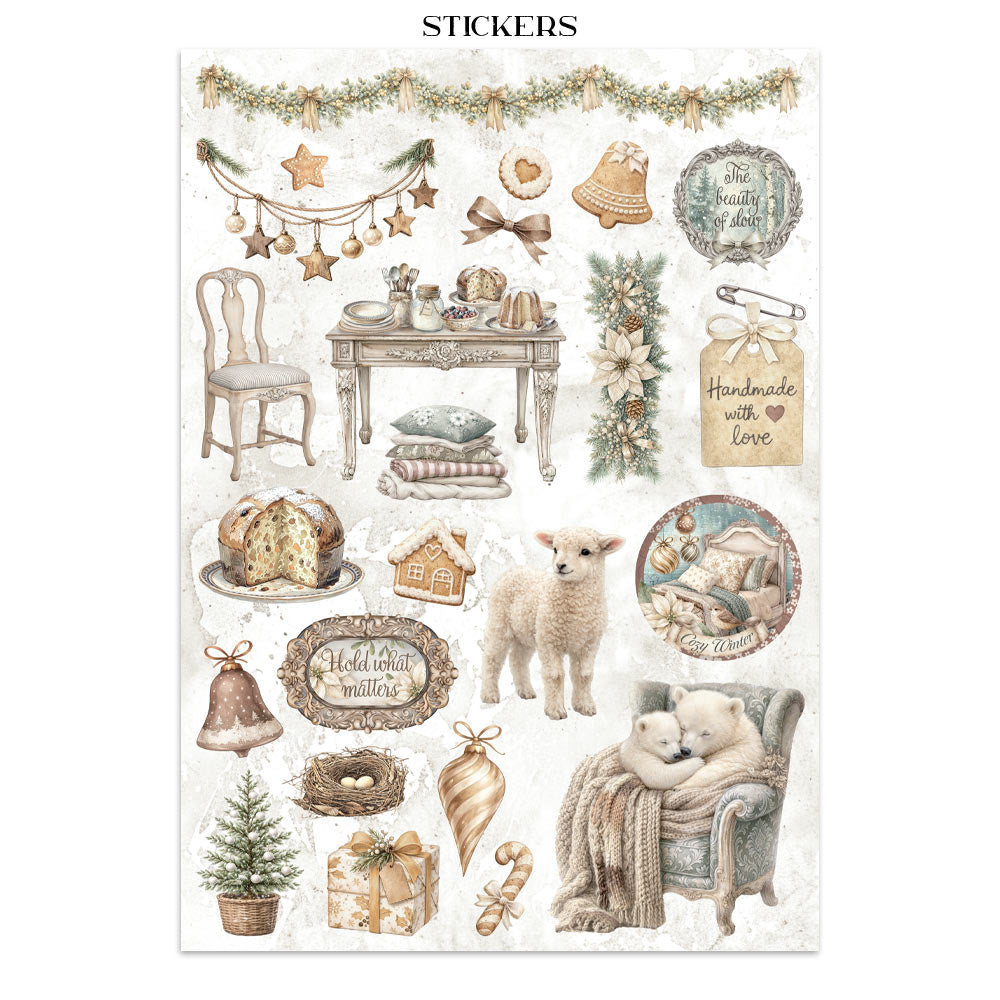 Collection of decorative stickers featuring a sheep, teddy bear, and various elements on a white background.