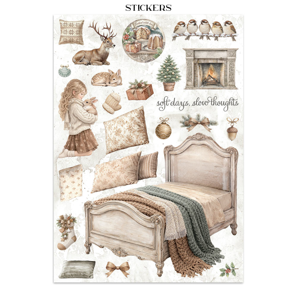 Collection of stickers featuring a bedroom scene with furniture, decorative items, and nature elements on a white background.