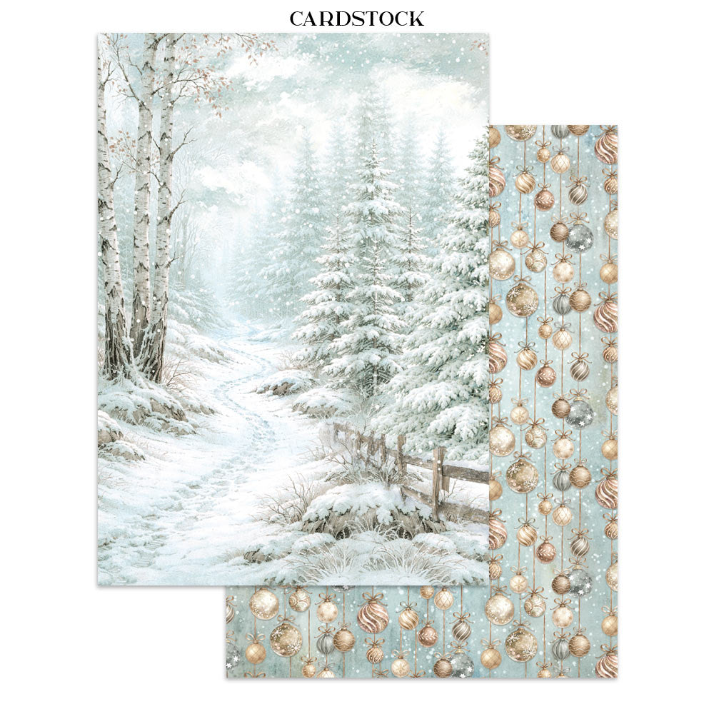Cardstock with winter scene and decorative ornaments on a white background