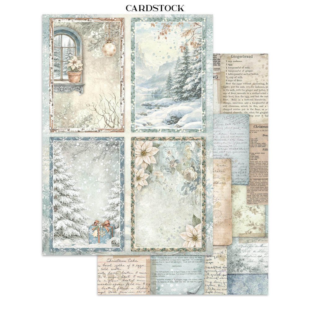Collection of cardstock sheets with winter-themed designs on a white background